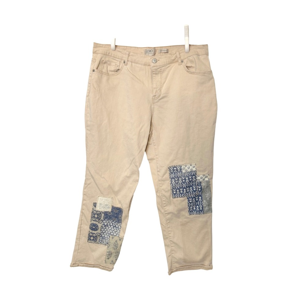 lori goldstien LOGO tan women's 16 blue patches boyfriend pants boho lagenlook